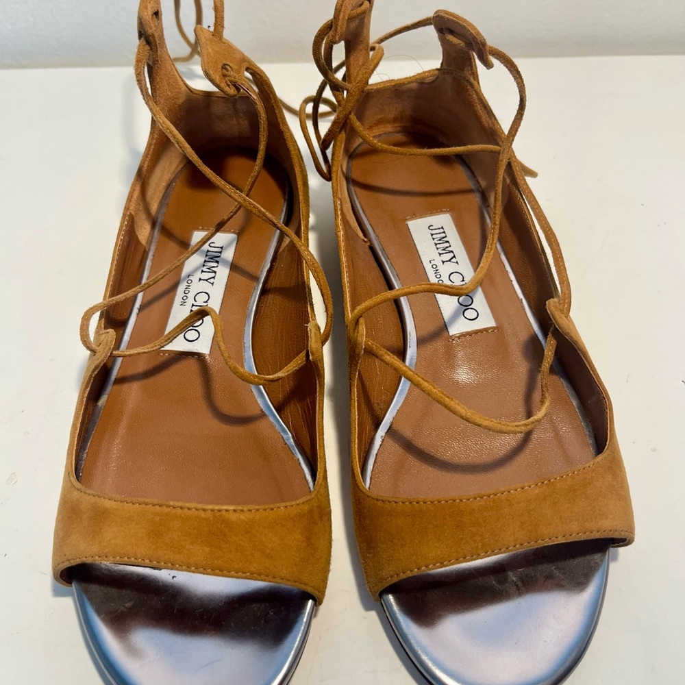 Jimmy Choo Sz 34.5 Vernie Brown Suede Lace-Up Sandals
